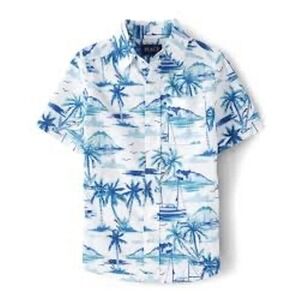 The Children's Place Tropical Button Down Kids 10/12 White Blue Excellent Palm